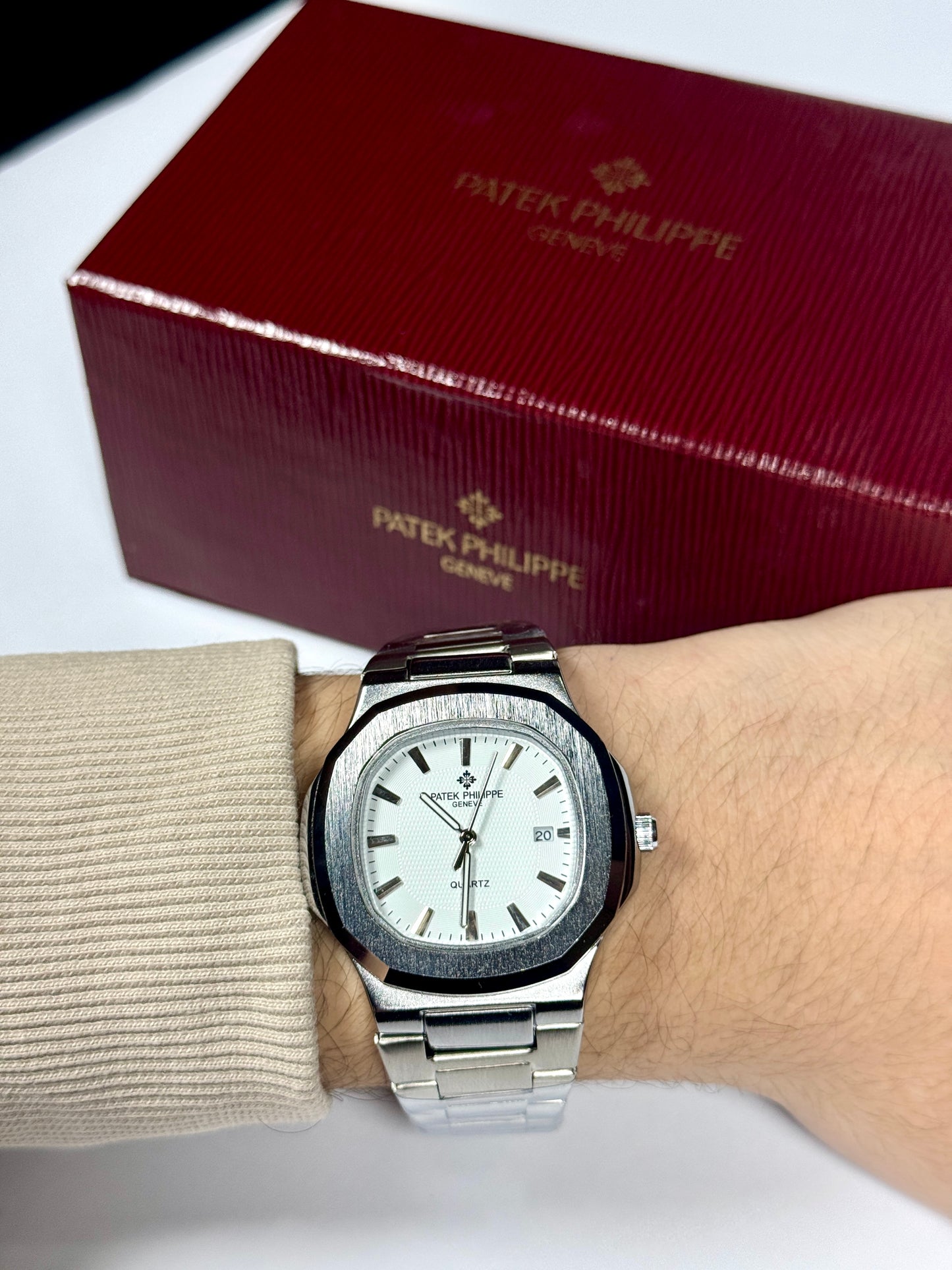 Patek Philippe Style Automatic Watch – White Dial Silver Belt