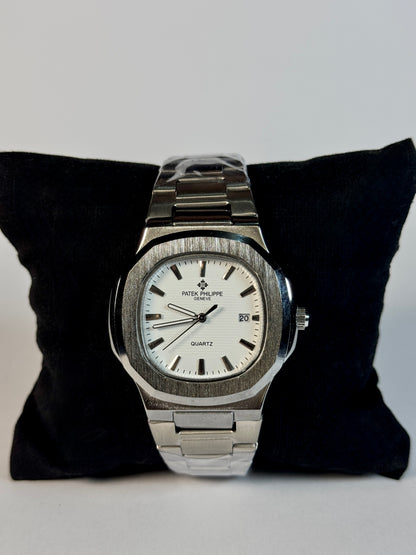 Patek Philippe Style Automatic Watch – White Dial Silver Belt