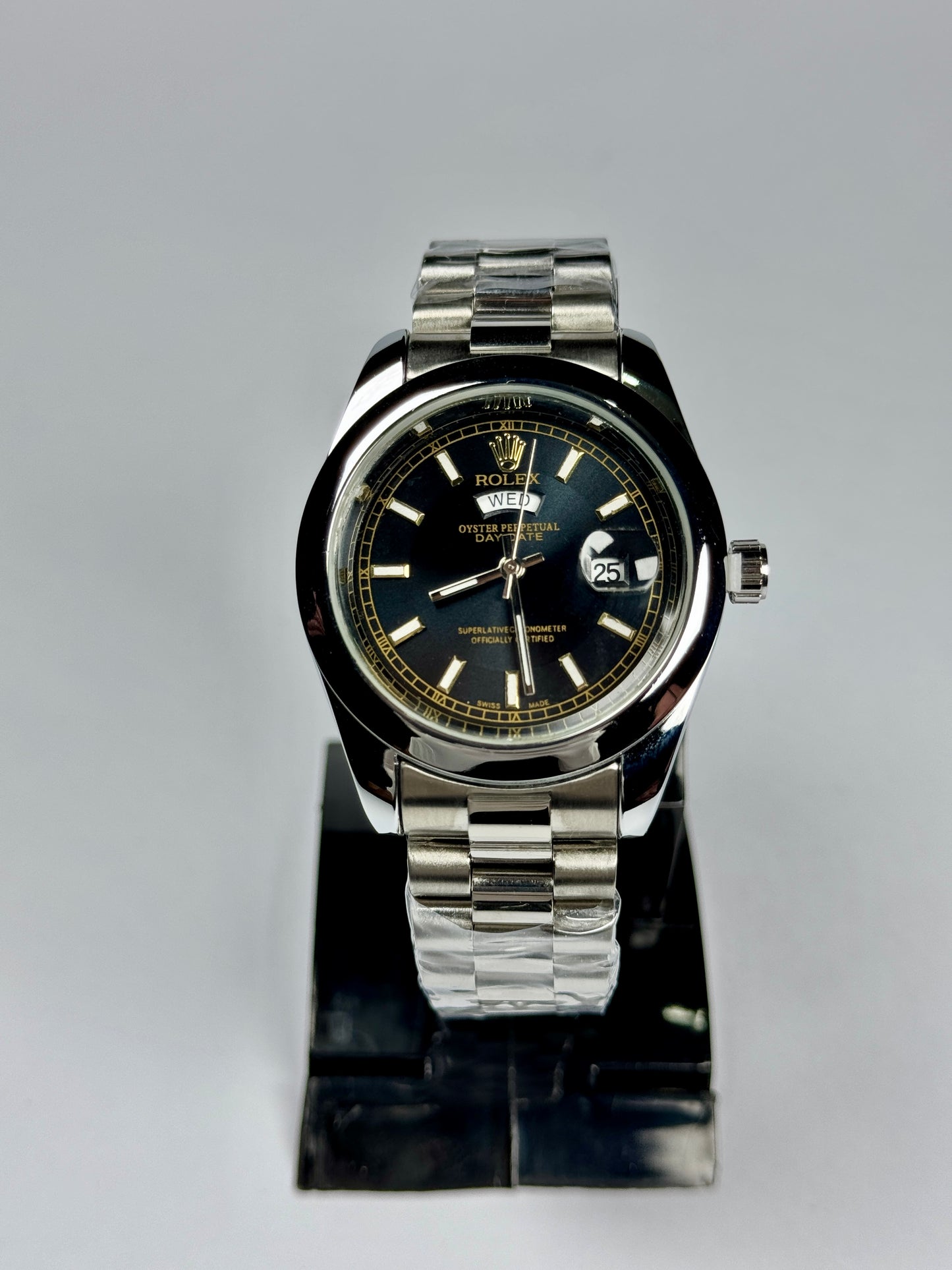 Oyster Perpetual Black Dial Silver Chain