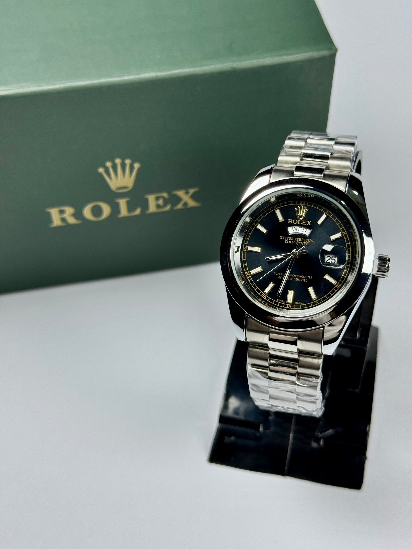 Oyster Perpetual Black Dial Silver Chain