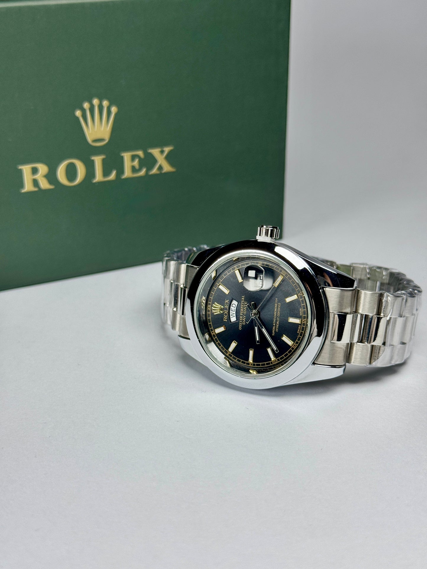 Oyster Perpetual Black Dial Silver Chain
