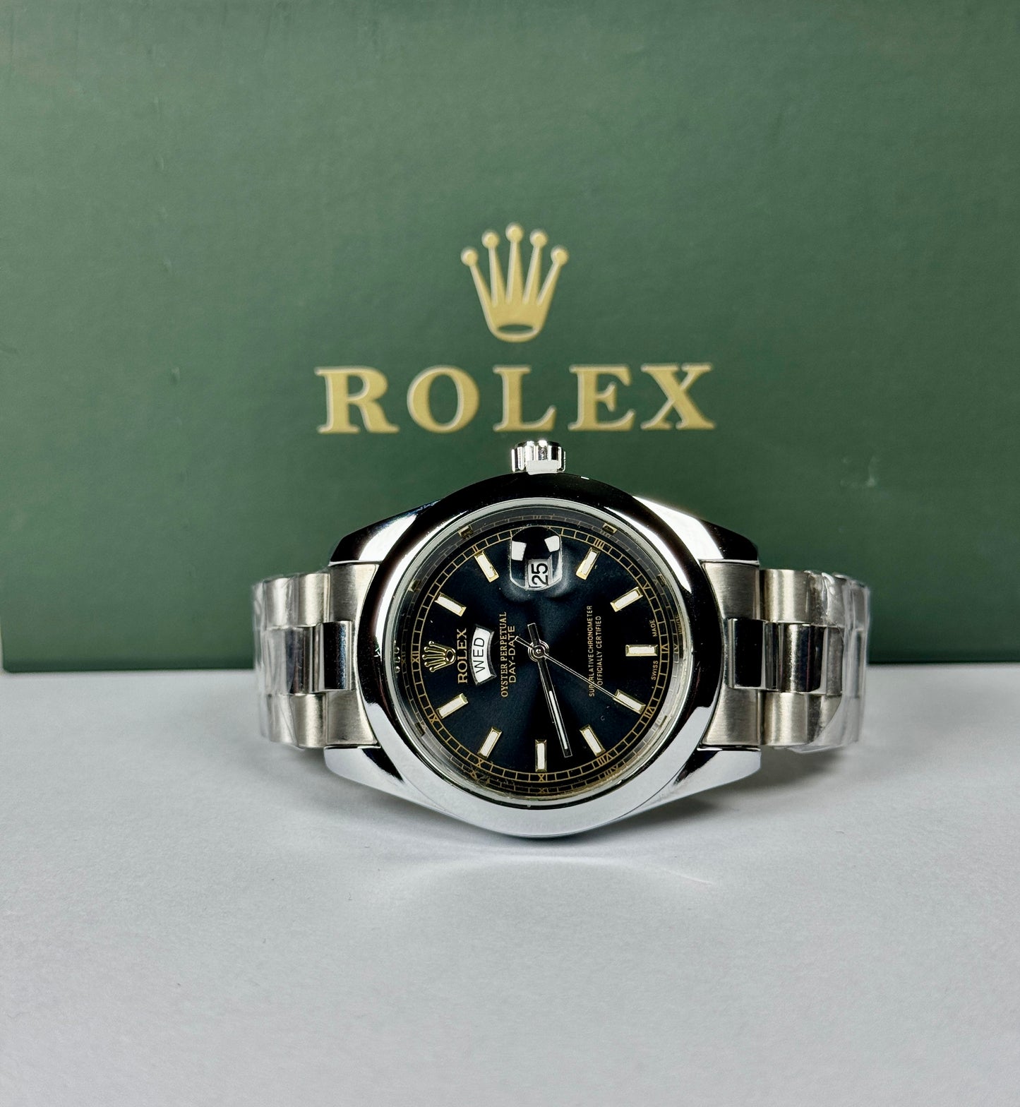 Oyster Perpetual Black Dial Silver Chain