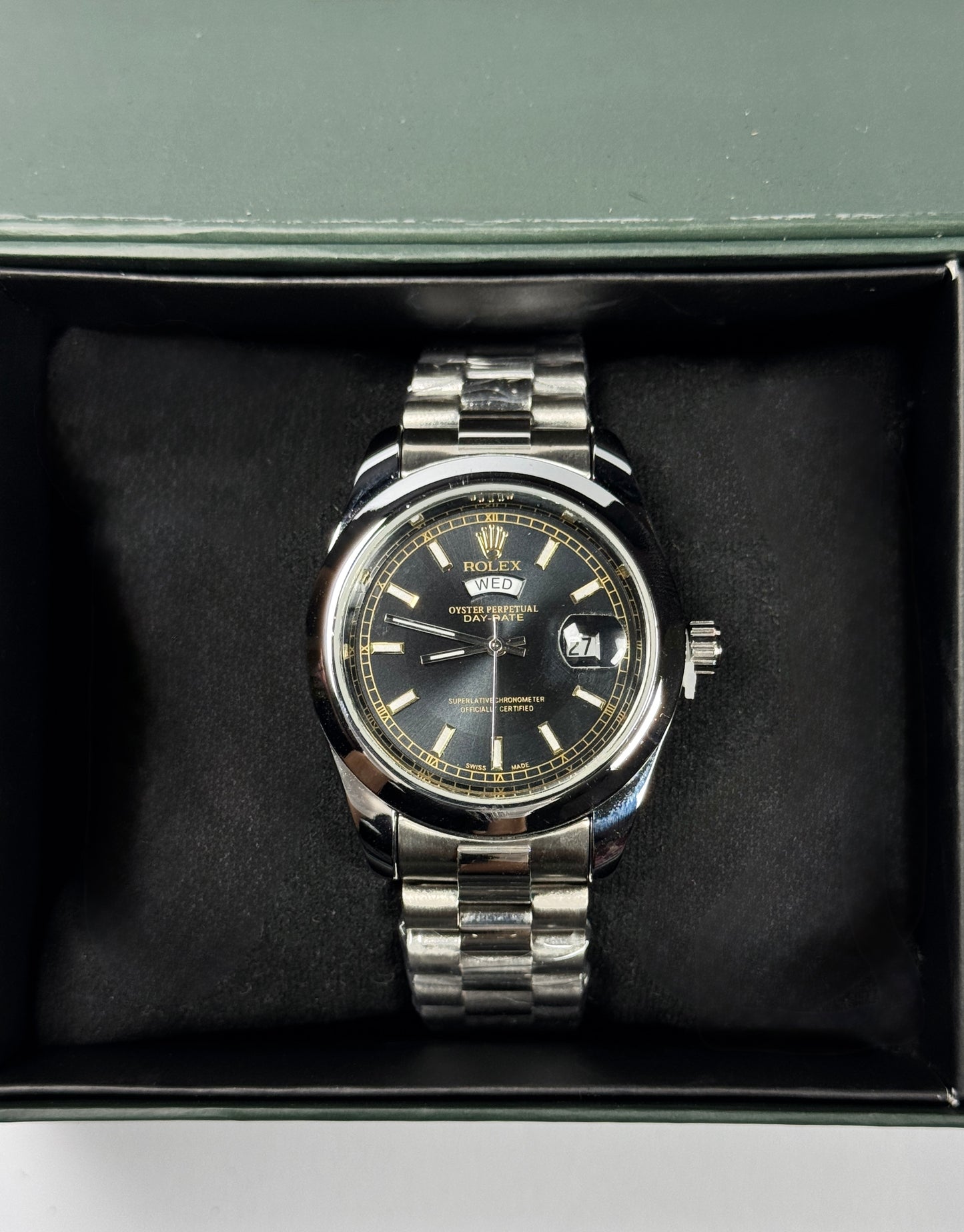 Oyster Perpetual Black Dial Silver Chain
