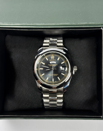 Oyster Perpetual Black Dial Silver Chain