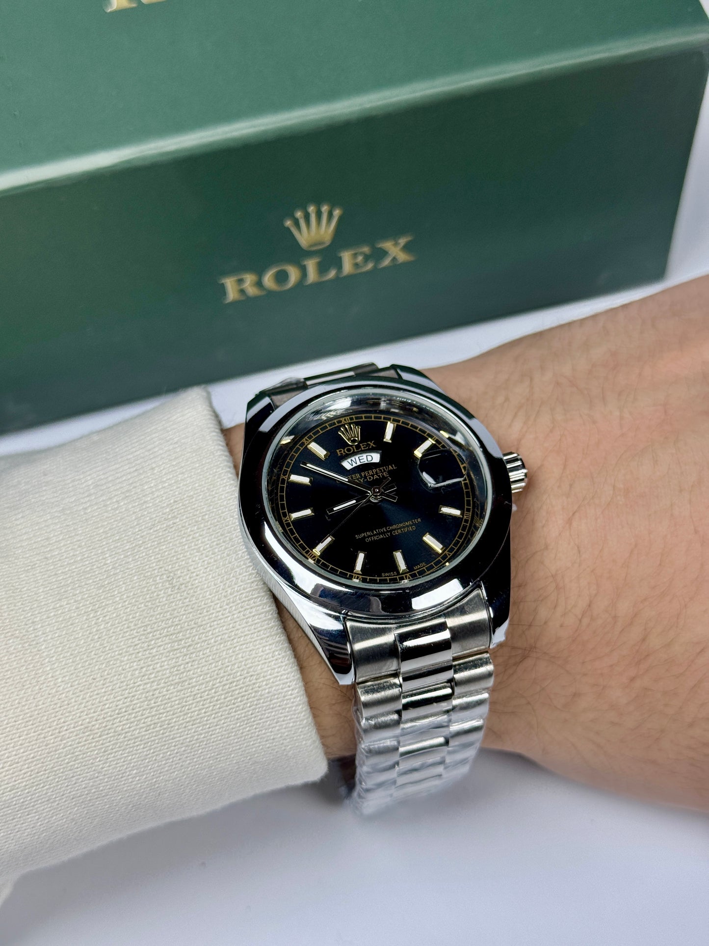 Oyster Perpetual Black Dial Silver Chain